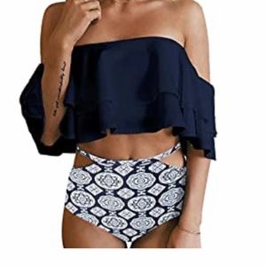 Tempt Me NAVY BLUE 2 PC Bikini w/ High Waisted Bottom & Off Shoulder Blouson Top